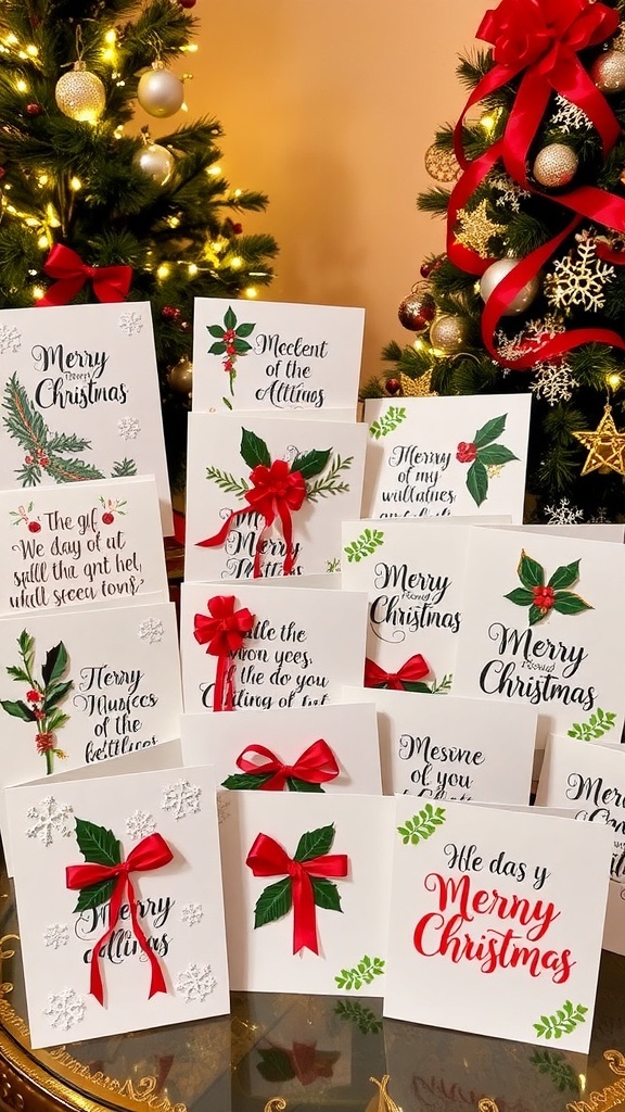 A collection of handmade Christmas cards with festive designs and heartfelt sayings on a table decorated for the holidays.